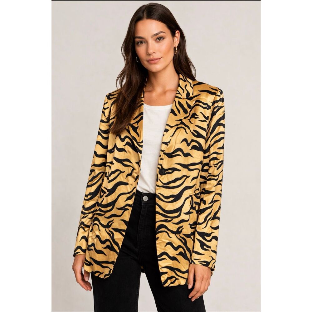 Scotch & Soda Amsterdam Animal Print Satin Blazer Gold Black Size L - Picture 10 of 10